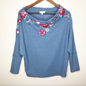 Umgee blue waffle knit embroidered blouse